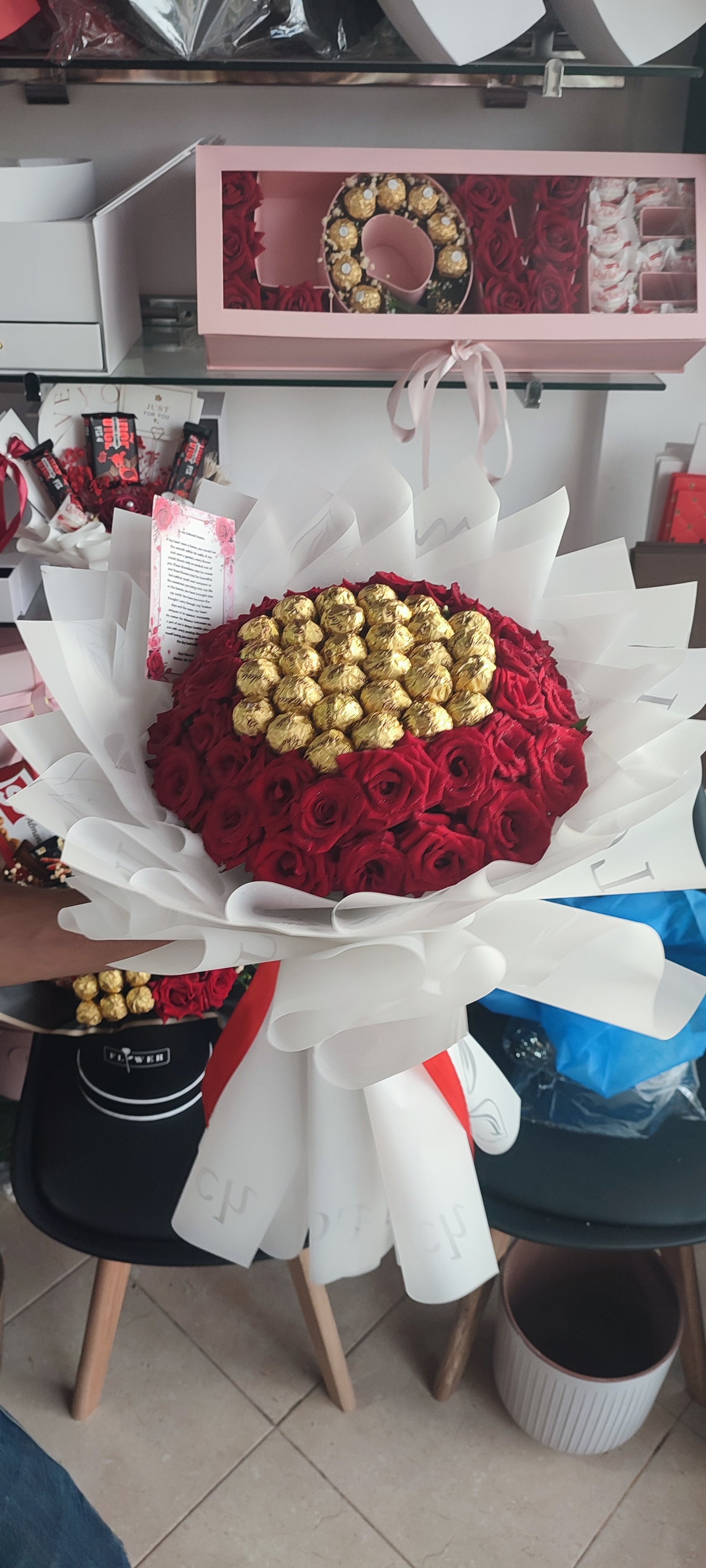 A bouquet of roses and chocolates